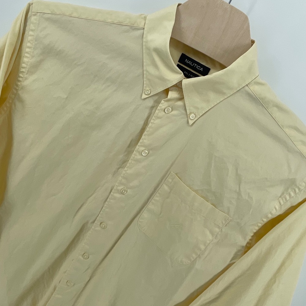 Nautica Mens Yellow 2 Ply Cotton Button Down Shirt Size 17 34/35 Long Sleeve